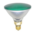 Green floodlight bulb with a clear glass cover on a white background