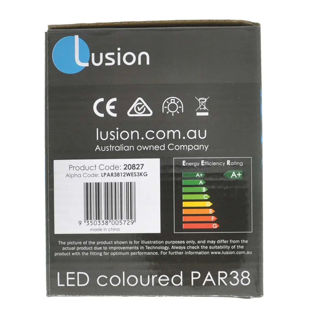 Lusion LED colored PAR38 packaging with product details on a white background