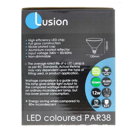 Lusion LED colored PAR38 bulb packaging with specifications on a white background