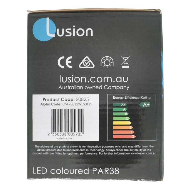 Lusion LED colored PAR38 packaging with branding and product details.