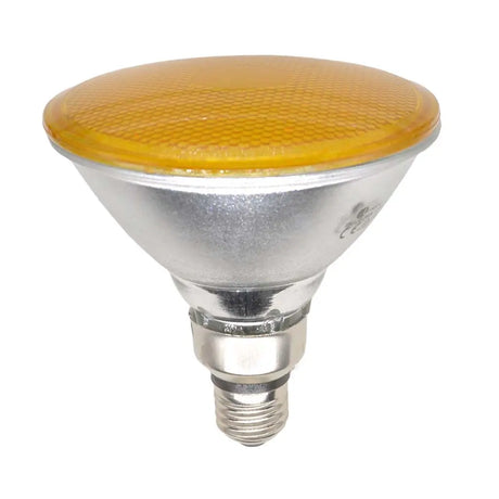 Yellow PAR38 light bulb on a white background