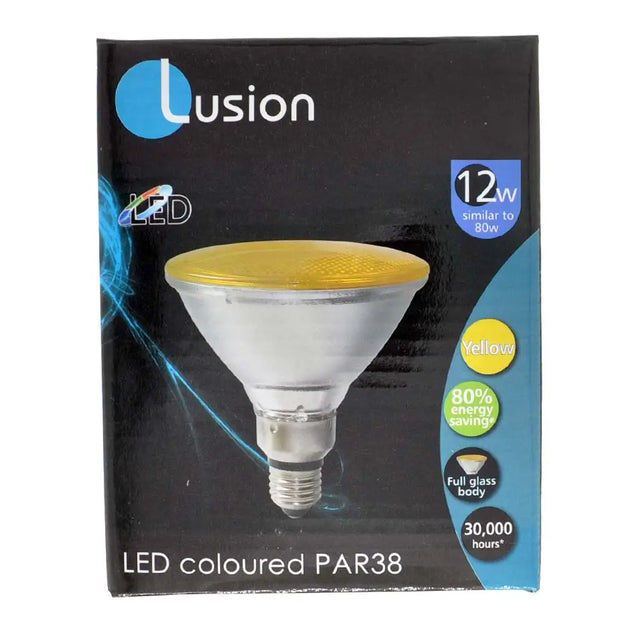 Lusion LED PAR38 bulb packaging with specifications on a black background