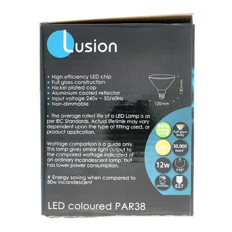 Lusion LED PAR38 bulb packaging with specifications on a white background
