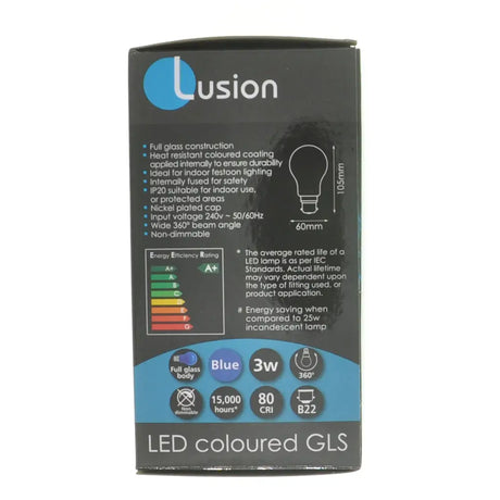 Lusion LED colored GLS bulb packaging on a white background
