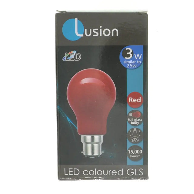 Lusion LED red light bulb packaging on a white background