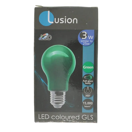 Green LED light bulb packaging with Lusion branding on a white background