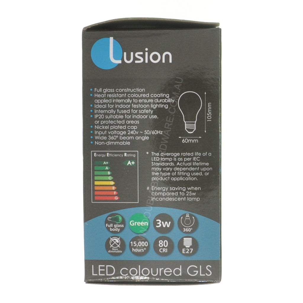 LUSION GLS Coloured LED Light Bulb E27 240V 3W Green 20702