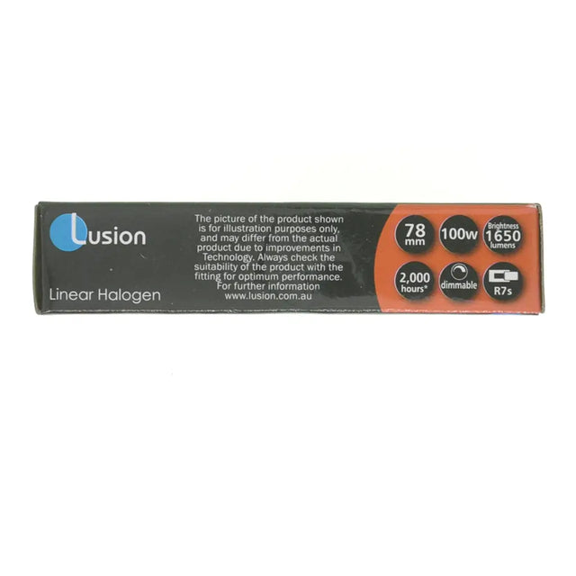 Lusion linear halogen bulb packaging on a white background