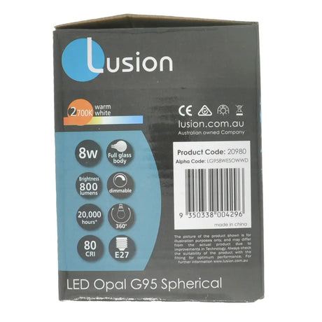 Lusion LED Opal G95 Spherical packaging with product details on a white background