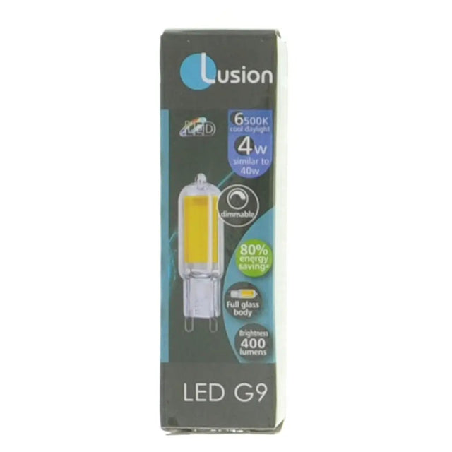 Lusion LED G9 bulb packaging on a white background