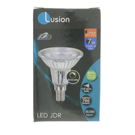 Lusion LED JDR light bulb packaging on a white background
