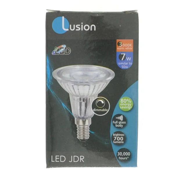Lusion LED JDR light bulb packaging on a white background
