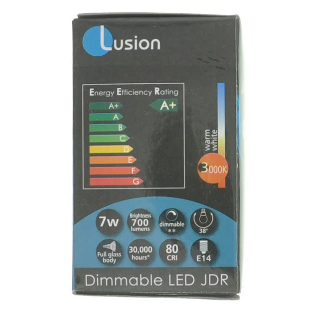 Lusion dimmable LED JDR packaging with energy efficiency rating and features on a white background