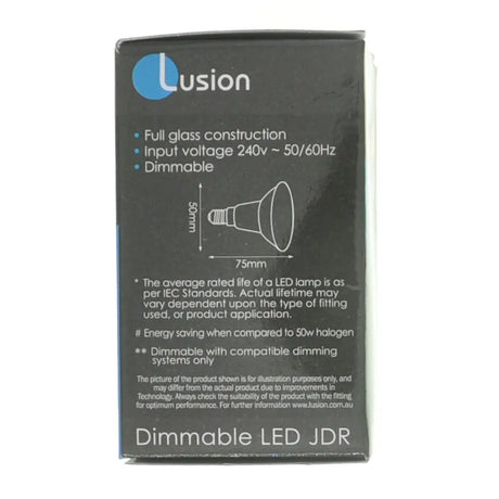 Lusion LED bulb packaging with specifications on a white background