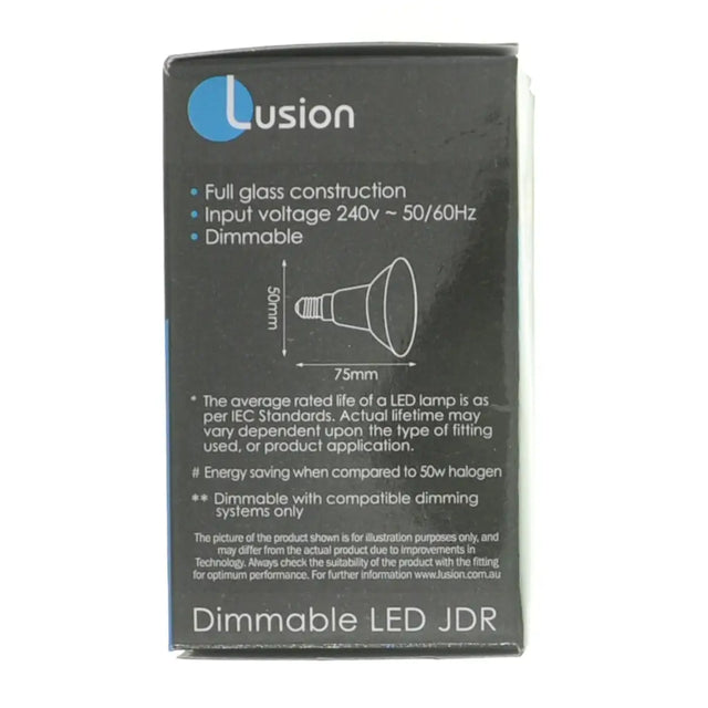 Lusion LED bulb packaging with specifications on a white background