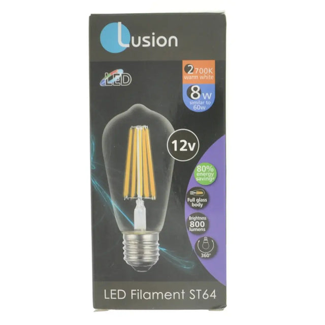 Lusion LED filament ST64 light bulb packaging on a white background