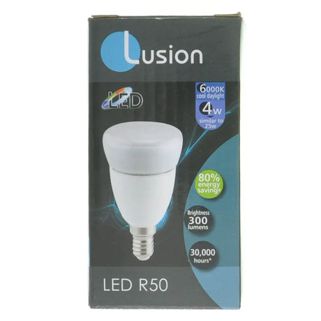 Lusion LED R50 bulb packaging on a white background