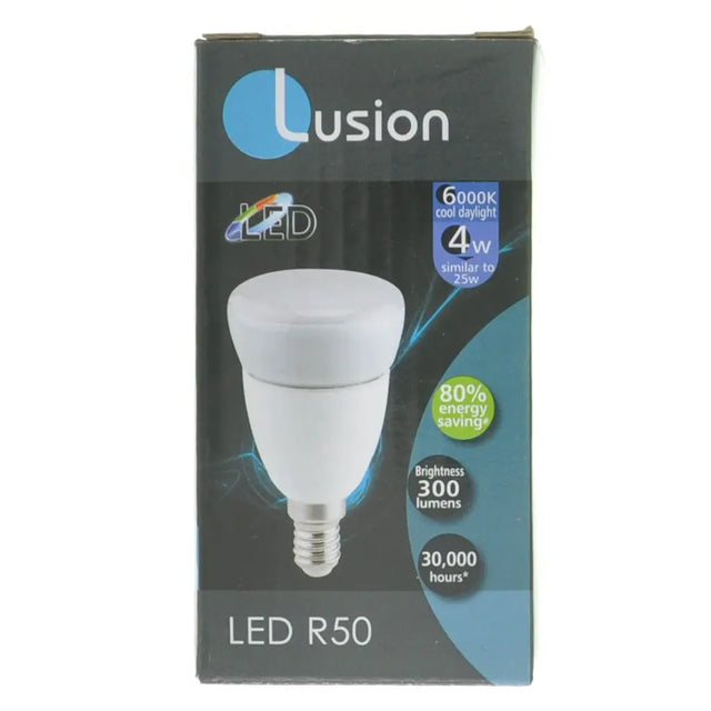 Lusion LED R50 bulb packaging on a white background