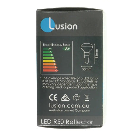 Lusion LED R50 Reflector packaging with energy efficiency rating and product details.