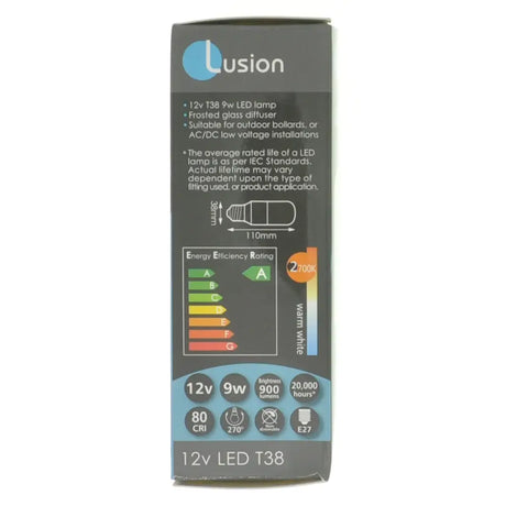 Lusion LED lamp packaging with specifications on a white background
