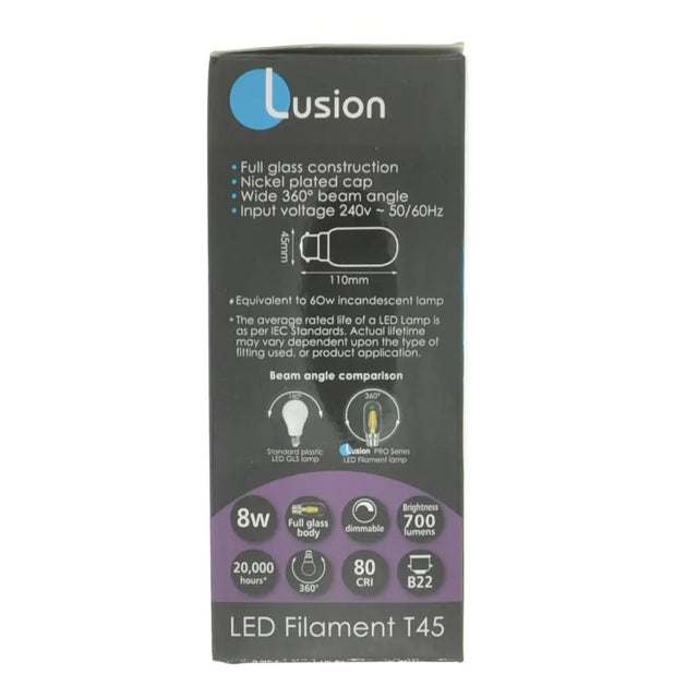 Lusion LED filament T45 packaging on a white background