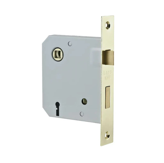 Door lock mechanism with metallic finish on a white background