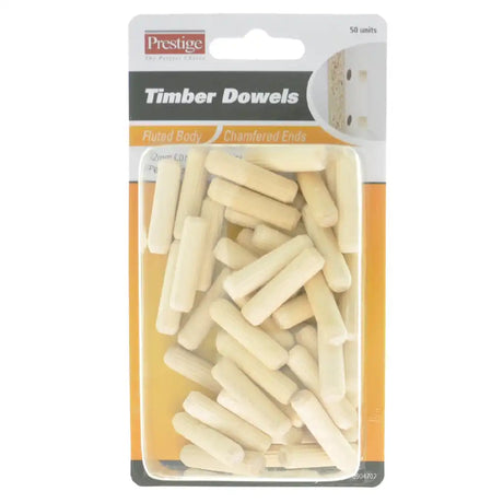 Packaged Timber Dowels with 'Prestige' branding on a white background