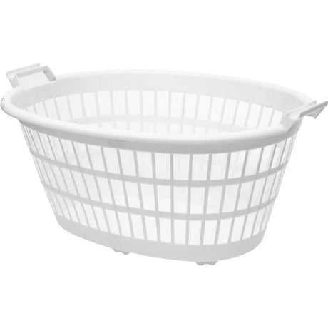 White plastic laundry basket on a white background