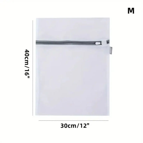White mesh laundry bag with dimensions labeled on a white background