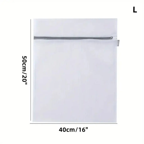 White mesh laundry bag with dimensions on a white background