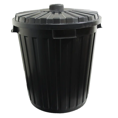 Black trash bin with a lid on a white background