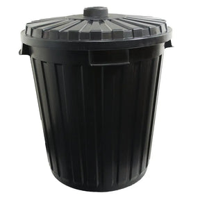 Black trash bin with a lid on a white background