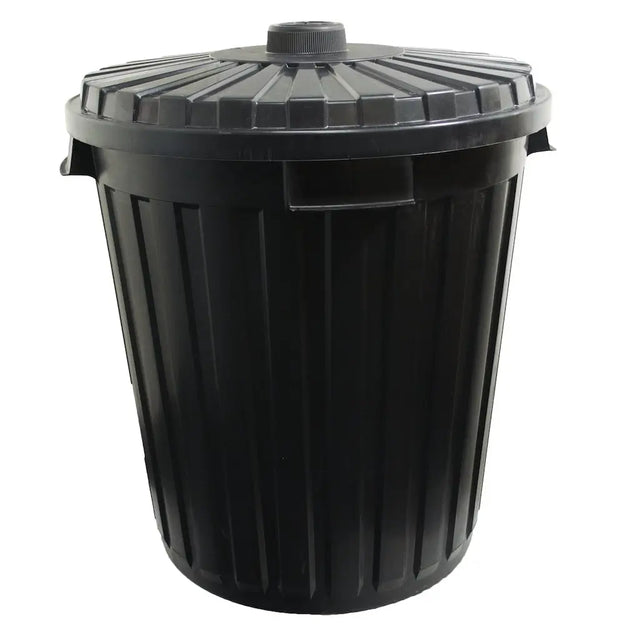Black trash bin with a lid on a white background