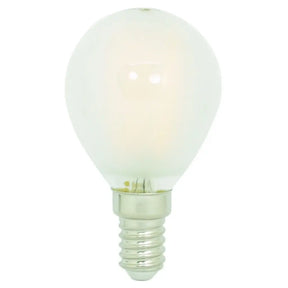 Ledvance Fancy Round E14 240V 4W warm white LED light bulb pearl finish showing decorative round shape and E14 small Edison screw base on white background