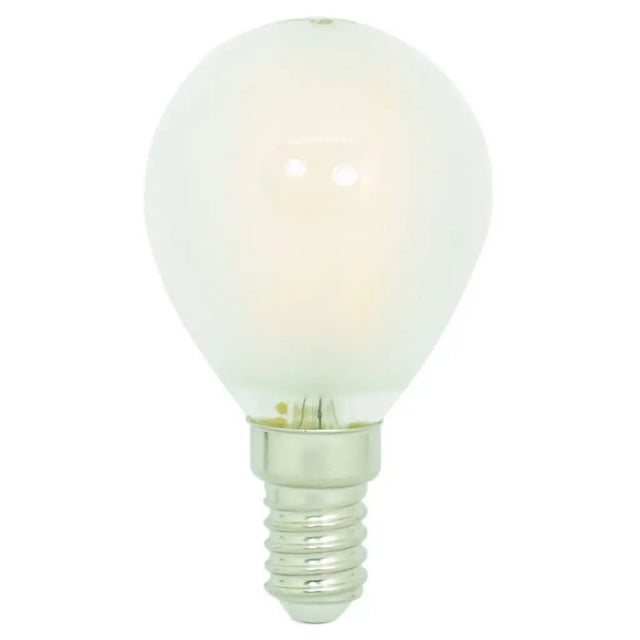 Ledvance Fancy Round E14 240V 4W warm white LED light bulb pearl finish showing decorative round shape and E14 small Edison screw base on white background