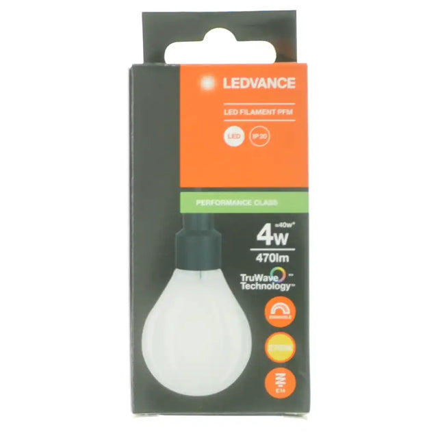 Ledvance Fancy Round E14 LED bulb pearl finish side profile showing 45mm x 80mm dimensions on white background