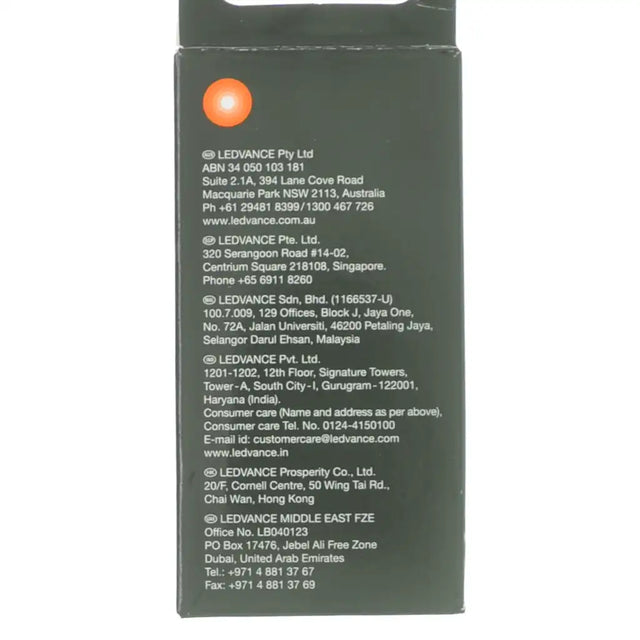 Ledvance Fancy Round E14 LED bulb packaging rear panel showing energy label, 15,000 hour rated life and compliance markings