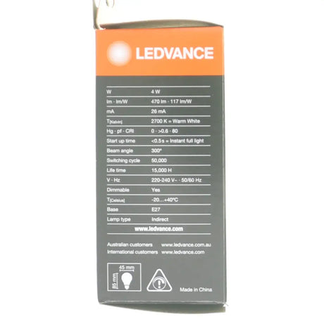 LEDVANCE product packaging with specifications on a white background