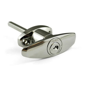 Metal door handle with keyhole on a white background