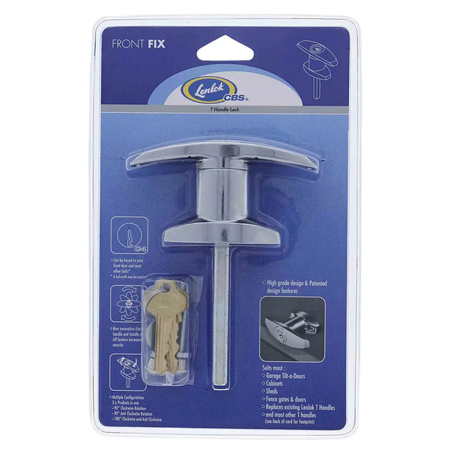 Lanlok T-handle lock packaging with key included on a white background