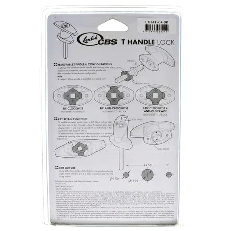 Lendal CBS T Handle Lock packaging with detailed diagrams and text on a white background