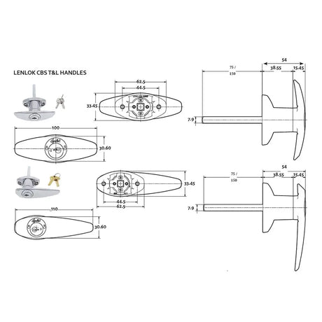 Technical drawing of Lenlok CBS T&L handles with dimensions