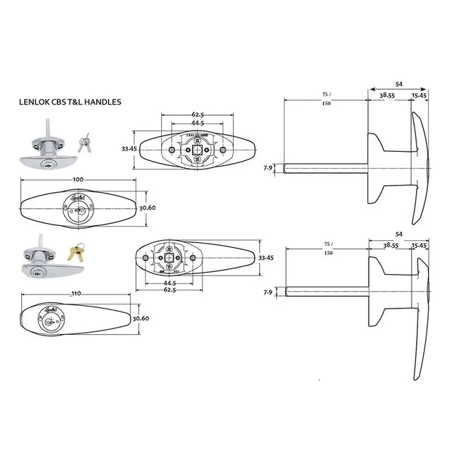 Technical drawing of Lenlok CBS T&L handles with dimensions