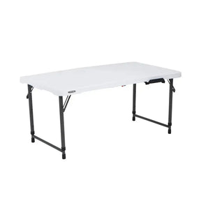 White folding table with black legs on a white background