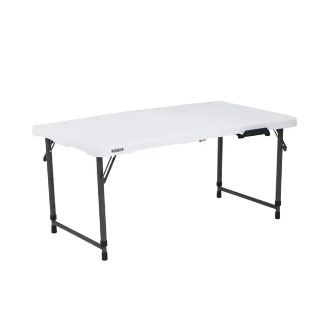 White folding table with black legs on a white background