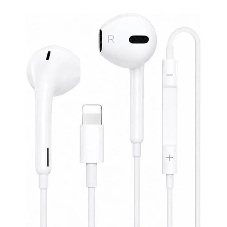 White earphones with Lightning connector on a white background