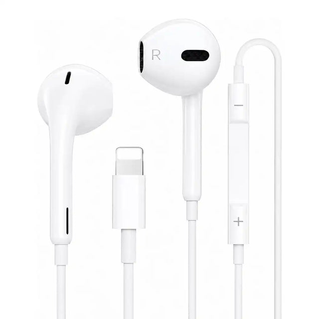 White earphones with Lightning connector on a white background