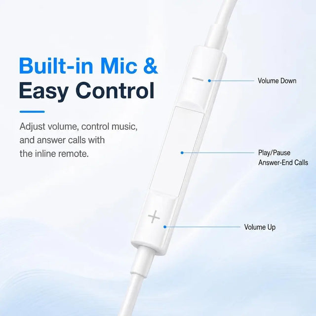 White inline remote control with labeled buttons on a light blue background