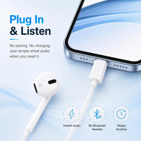 Wired earbuds with smartphone on a light blue background, featuring text 'Plug In & Listen'.
