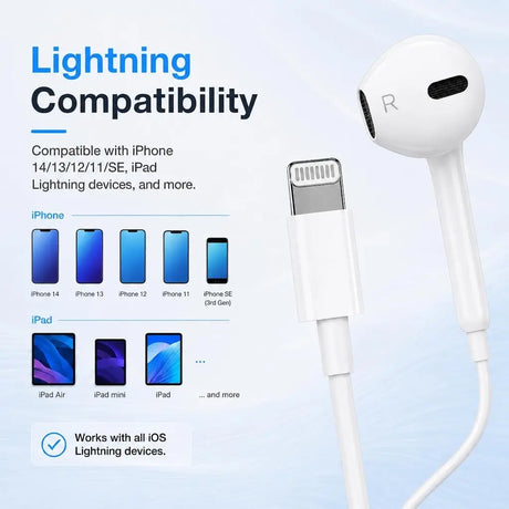 White earphones with Lightning connector compatibility text on a light blue background